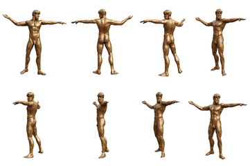 Set statues man with golden metal. 3D graphic. 3D illustration