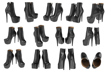 Set women's shoes, black leather, collection. 3D graphic