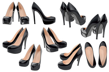 Set women's patent leather shoes on high heels. 3D graphic