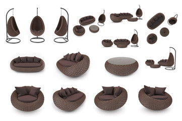 Set rattan furniture contemporary style on a white background. 3D Graphic