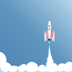 vector illustration launch spacecraft or spaceship on a blue background, spacecraft takeoff, startup concept