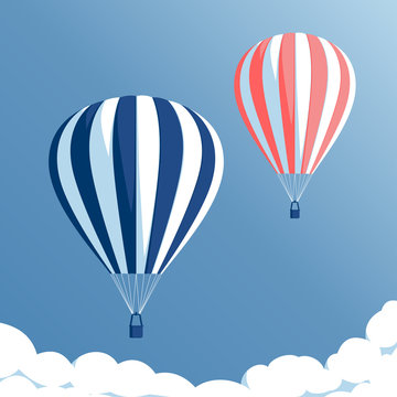 Hot air balloons flying in the blue sky with clouds, hot air balloons set on blue background, vector illustration