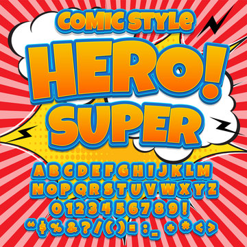 Creative high detail comic font. Alphabet in the style of comics, pop art. Letters and figures for decoration of kids.