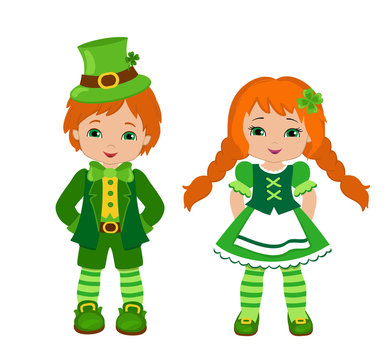 Boy and girl in Irish costumes. St. Patrick's Day. Vector illustration