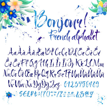 Calligraphic french alphabet with decorations