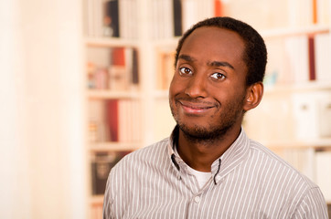 Handsome man wearing casual clothes posing smiling for camera, white bookshelves background