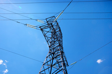 High voltage power lines and blue sky