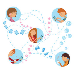 Flat style young people faces online social media communications infographic concept vector set. Man woman with tablet phone laptop. Content and humans connected via chat share like e-mail.