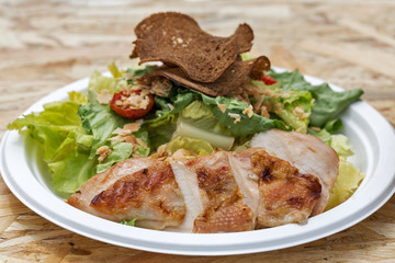 Plate with grilled turkey, salad and bread closeup