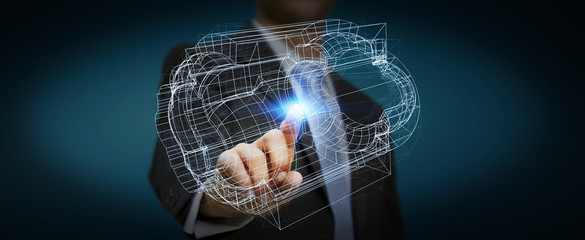 Businessman holding digital 3D engine