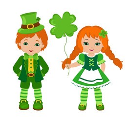 Boy and girl in Irish costumes. St. Patrick's Day. Vector illustration