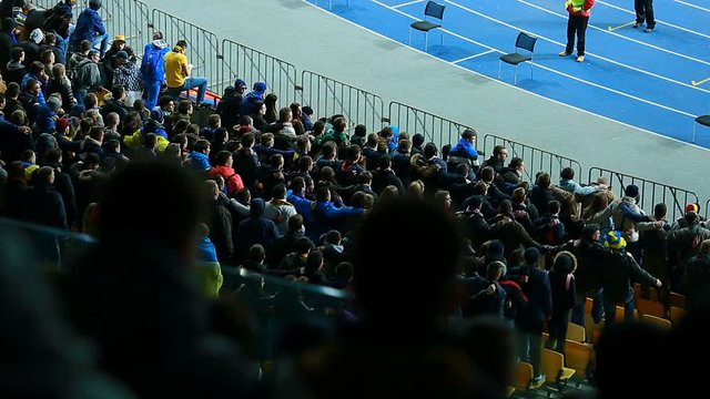 Male football fans jumping on tribunes and chanting slogans, active supporters
