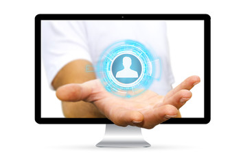 Businessman using digital social network interface