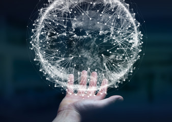 Businessman using digital tactile world interface with his finge