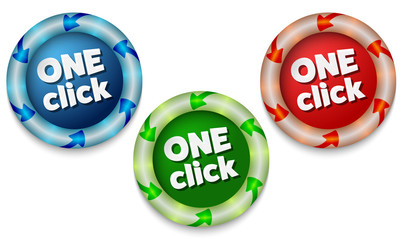 Three icons with color back light and the words one click