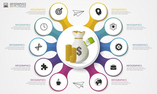 Infographic. Money. Colorful circle with icons. Vector