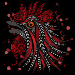 Screaming cock with bloody cuts and blood splatter on a black background. Protection of animals from mass killings in slaughterhouses