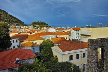 Amazing sunset panorama of town of Nafpactos, Western Greece