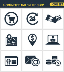 Icons set premium quality of e-commerce shopping symbol, online shop elements and commerce item, internet store product. Modern pictogram collection flat design style. Isolated white background