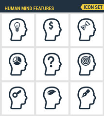 Icons set premium quality of human mind features, characters profile identity. Modern pictogram collection flat design style symbol collection. Isolated white background.