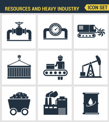 Icons set premium quality of heavy industry, power plant, mining resources. Modern pictogram collection flat design style symbol collection. Isolated white background.