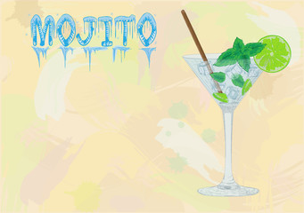 Nice mojito of ice cold glass on a color background. Soda with w