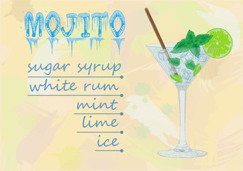 Nice glass of ice cold mojito on a black background. Soda with w