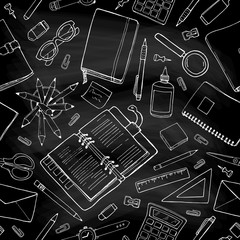 Vector seamless stationery pattern. Black and white background.