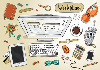 Concept of creative hand drawn office workspace. Oobjects and equipment for workplace design.