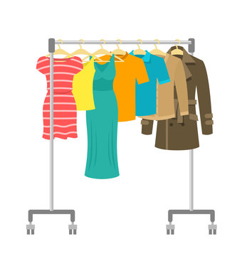 Hanger rack with male and female clothes. Flat style vector illustration. Casual garment hanging on portable rolling metal commercial hanger stand. Everyday outfit sale concept. Fashion collection.