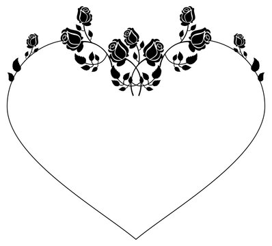 Heart-shaped silhouette frame with roses. Vector clip art.