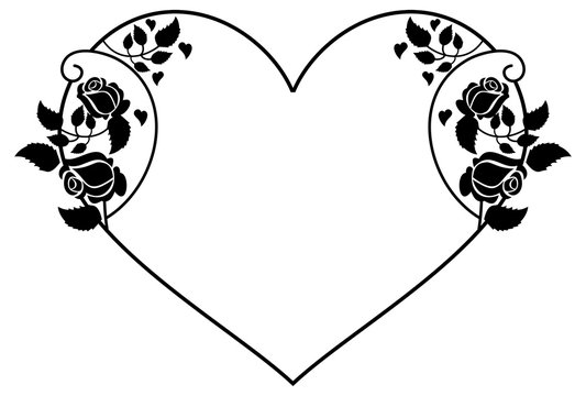 Heart-shaped silhouette frame with roses. Vector clip art.