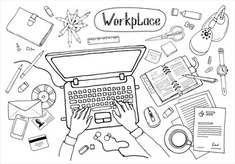 Sketchy concept of creative office workspace. Items, stationery, computer, equipment for workplace design. Vector illustration of human  working on laptop, top view. 