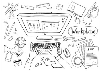 Sketchy concept of creative office workspace. Items, stationery, computer, equipment for workplace design. Vector illustration of human  working on computer, top view. 