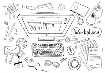 Sketchy concept of creative office workspace. Items, stationery, computer, equipment for workplace design. Vector illustration set of business elements top view. 