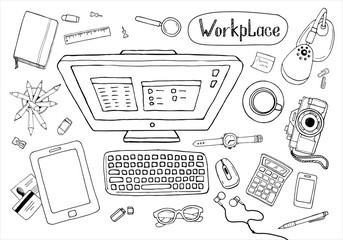 Sketchy concept of creative office workspace. Items, stationery, computer, equipment for workplace design. Vector illustration set of business elements top view. 