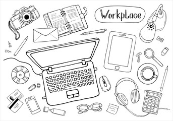 Sketchy concept of creative office workspace. Items, stationery, laptop, equipment for workplace design. Vector illustration set of business elements top view. 