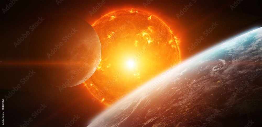 Aufkleber exploding sun in space close to planet