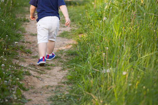 Back view on toddler boy in white shorts running fast and having fun on a countryside road. Little child walking in the park. Active children outdoors.  Lifestyle and childhood concept