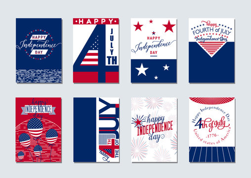 Vector illustration of happy USA Independence day felicitation background set with typography, lettering element, balloon, fireworks, flag in simple vintage style. Invitation 4th july