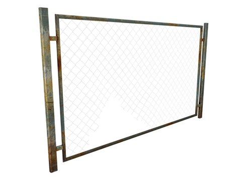 3d illustration of metal fence with rabitz. icon for game web. metal dirty texture color. white background isolated. simple to use. defense from enemy. gates in prison.
