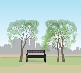 Bench in city park. landscape vector illustration City skyline