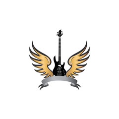 Fototapeta premium Musical instrunemt electrical guitar with wings. Winged guitar logo. Rock music symbol
