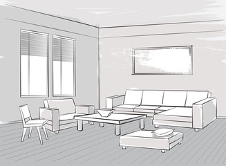 Living room interior sketch Lounge furniture: armchair, chair, seats, table, window 