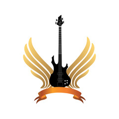 Muical instrument background Rock music festival label. Electric guitar logo