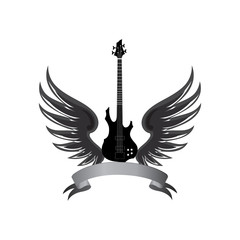 Fototapeta premium Rock music symbol. Electric guitar with wings and bow ribbon for