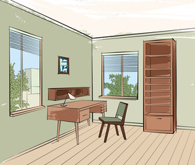 Home interior work place furniture with chair, table, window. Office room retro design.