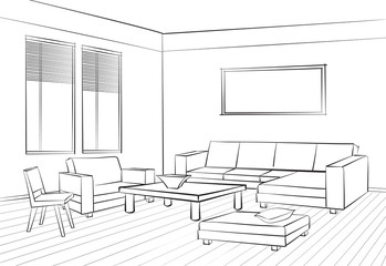 Living room interior design engraving. Furniture: sofa, armchair, seats, table. Lounge room view