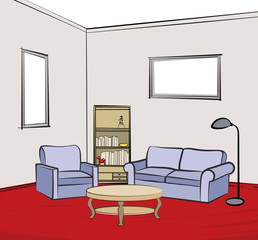 Living room interior engraving. Furniture: sofa, armchair, floor lamp, book shelf, books. Lounge furniture isolated
