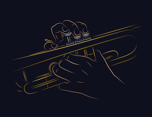 Playing trumpet. Hands holding trumpet.